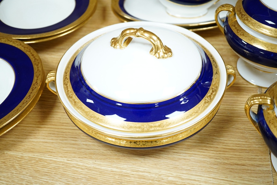 Mintons for Stonier & Co. gilt and blue part dinner service. Condition - mostly fair to good, some pieces with cracks